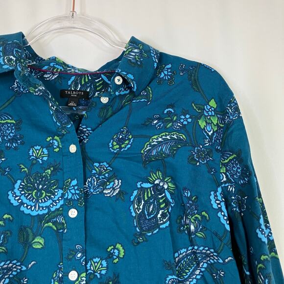 Talbots Petite | Teal Blue Paisley Floral Button Up Blouse 100% Cotton Womens LP - Picture 2 of 6